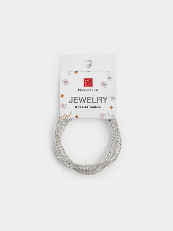 Браслет, 24 см, двойной, металл/стразы, серебристый, Плетение, Jewelry, image-4