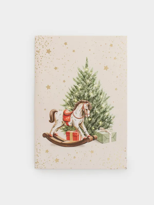 Открытка подарочная, 12х17 см, бумага, белая, Лошадка с елкой, Christmas horse, image-0