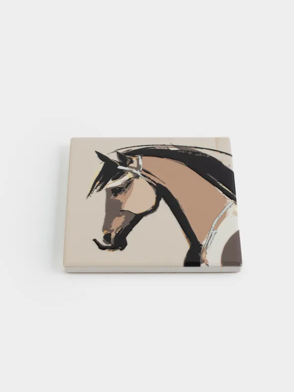 Подставка под кружку, 11х11 см, квадратная, керамика/пробка, бежевая, Конь, Horse art, image-1