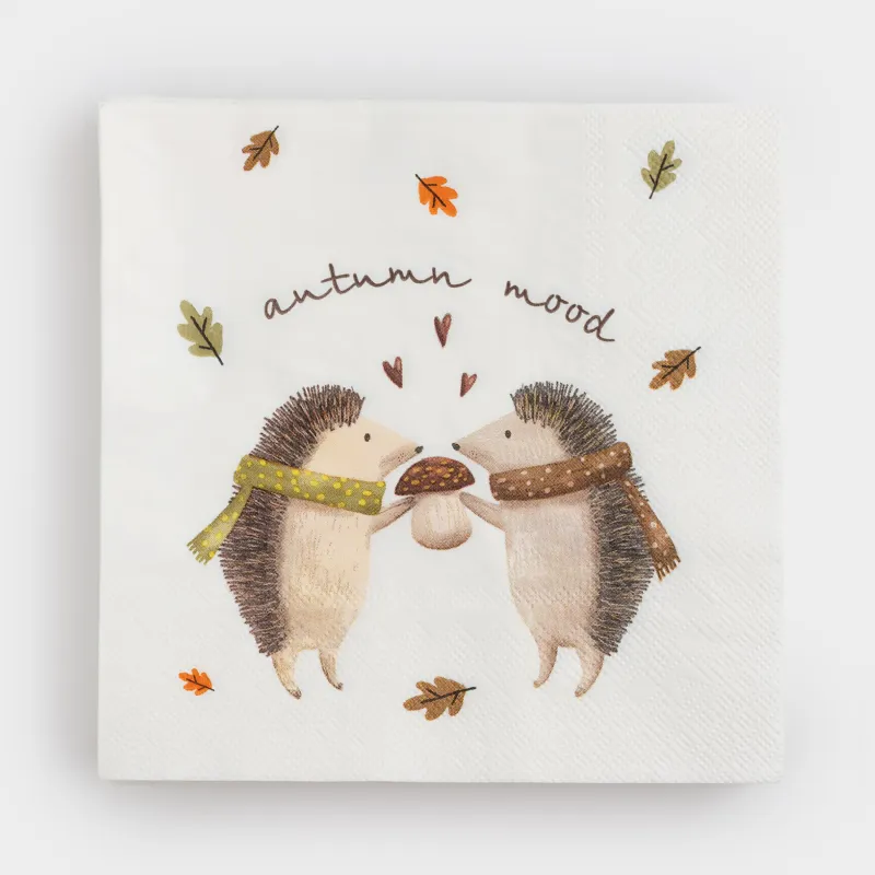 Салфетки бумажные, 33х33 см, 20 шт, квадратные, белые, Ежики в шарфах, Forest hedgehogs