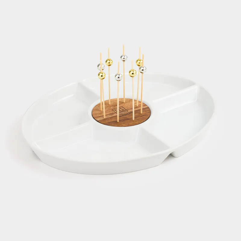 Менажница, 27x22 см, 4 отд, со шпажками, фарфор P/дерево, белая, Light kitchen, image-1