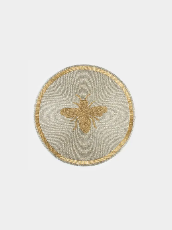 Салфетка под приборы, 36 см, бисер, круглая, молочно-золотистая, Пчела, Art beads, image-0