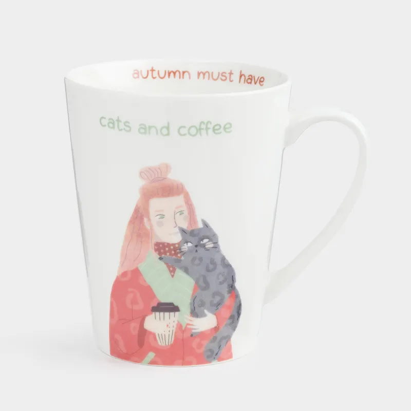 Кружка, 420 мл, фарфор N, белая, Девушка и кот, Girls