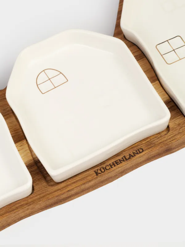 Набор для закусок, 3 пр, на подставке, керамика/дерево, бело-золотистый, Дома, Noble tree, image-2