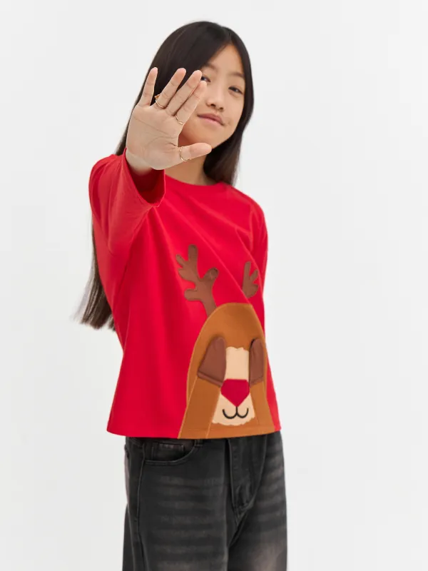 Лонгслив детский, хлопок, красный, Олень, Amelia, image-4