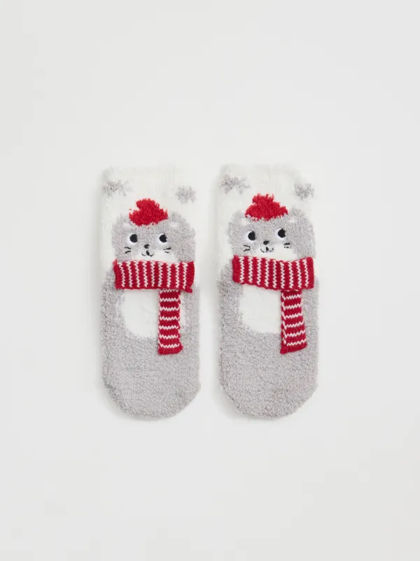 Носки детские, домашние, р. 27-29, в коробке, полиэстер, молочно-серые, Кот в шарфе, Merry, image-0