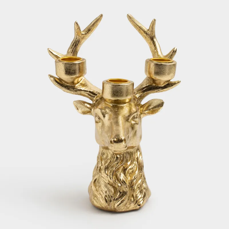Подсвечник, 21 см, 3 тонкие свечи, полирезин, золотистый, Голова оленя, Deer gold