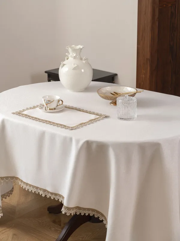 Скатерть, 170х250 см, полиэстер, белая, Цветочное кружево, Flower lace gold, image-1