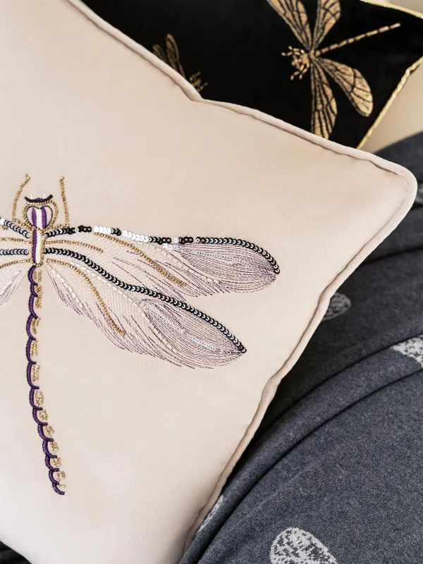 Подушка декоративная, 45х45 см, вельвет/бисер, бежевая, Стрекоза, Dragonfly, image-2