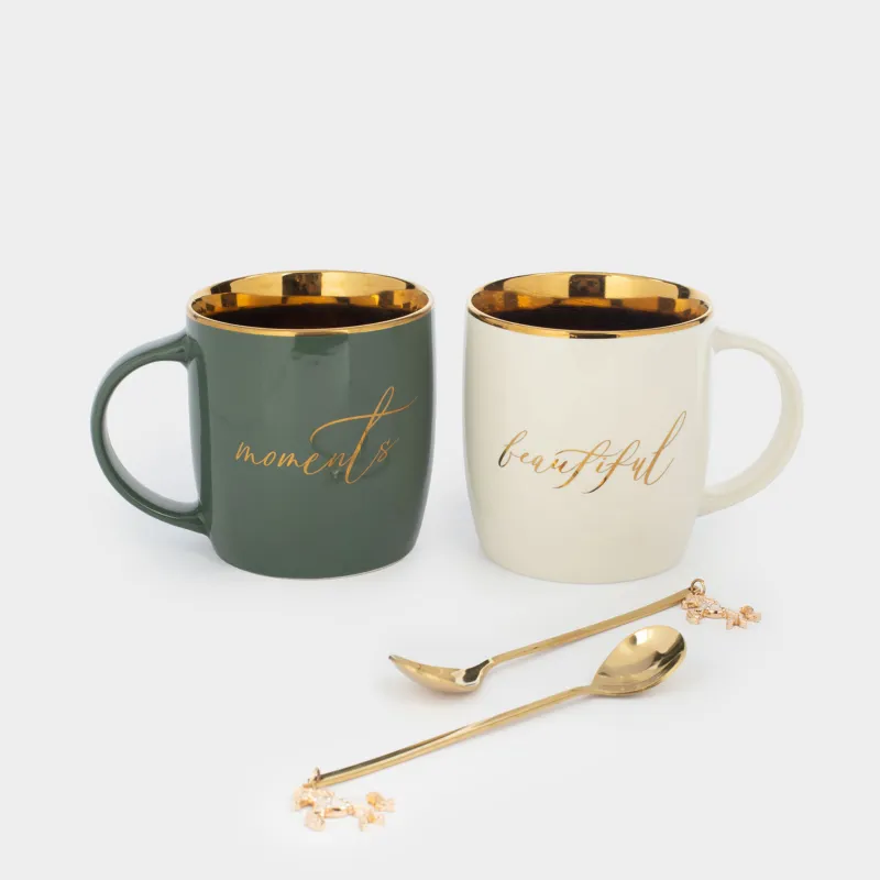 Кружка, 380 мл, 2 шт, с ложками, фарфор N/сталь, молочная/зеленая, Beautiful/Moments, Scroll