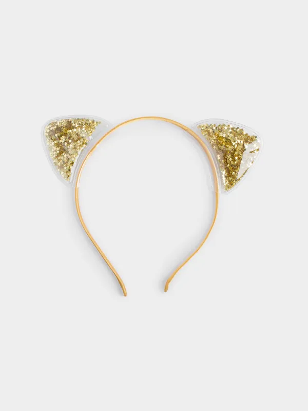 Ободок карнавальный, 16х20 см, детский, полиэстер/ПВХ, шампань, Ушки с блестками, Cat, image-0