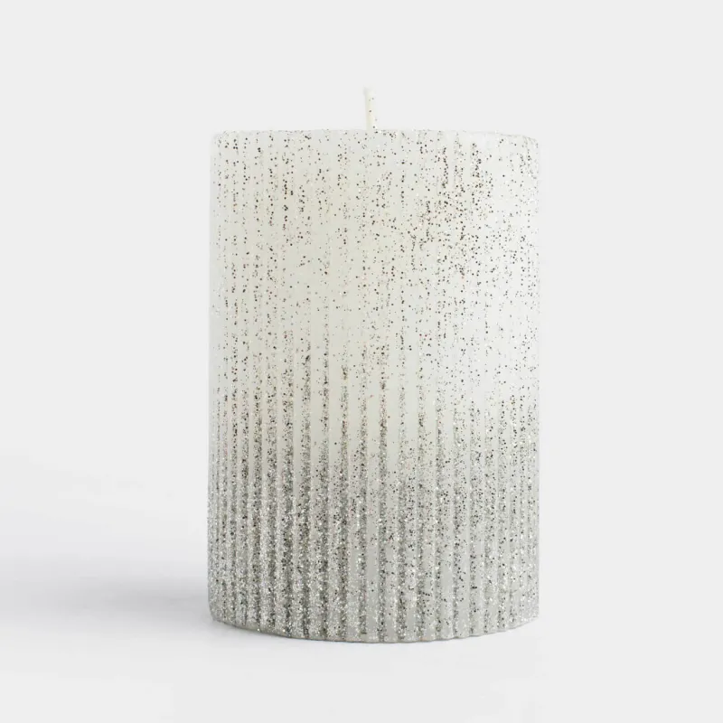 Свеча, 10 см, цилиндрическая, с блестками, бело-серебристая, Metallic glow
