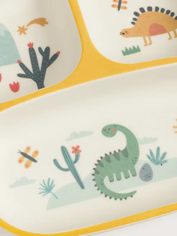 Тарелка обеденная, детская, 18 см, 3 отд, бамбук, квадратная, желтая, Динозавры, Dino, image-1