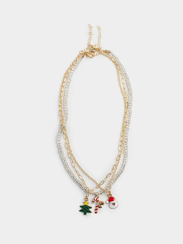 Цепочка, 40 см, 3 шт, детская, металл/стекло, золотистая/серебристая, Jewelry christmas