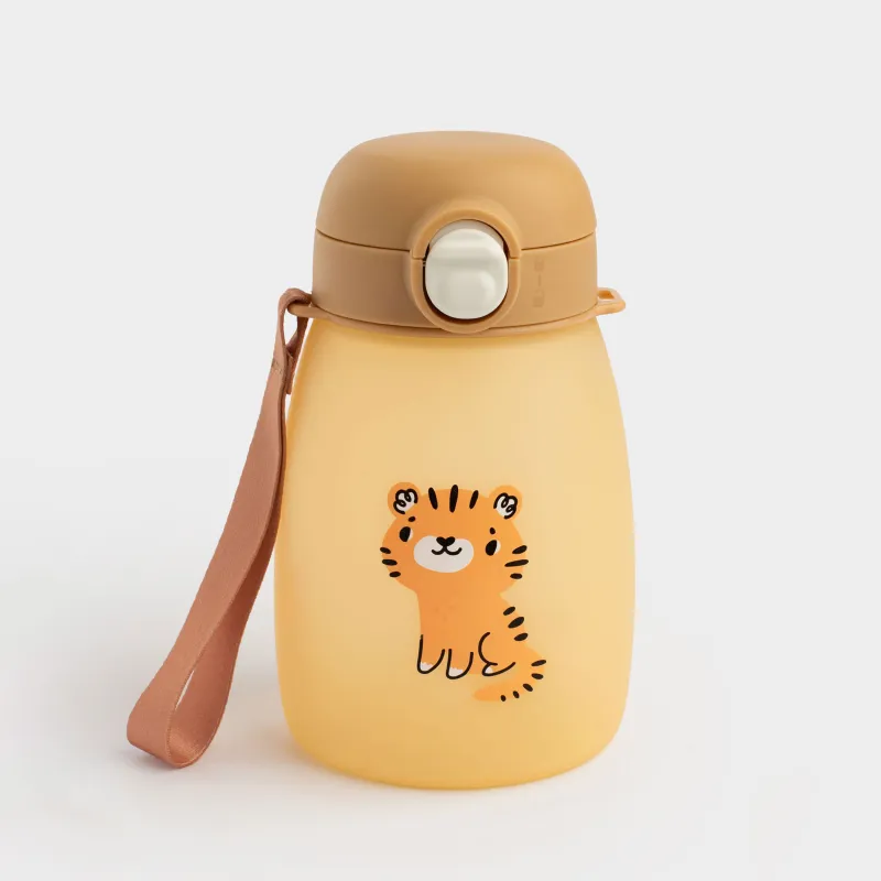 Бутылка-поильник, детская, 460 мл, с ремешком, силикон/пластик, молочная, Тигр, Kiddy