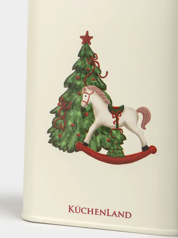 Банка для сыпучих продуктов, 1 л, металл, прямоугольная, Елка с лошадкой, Christmas tree, image-1