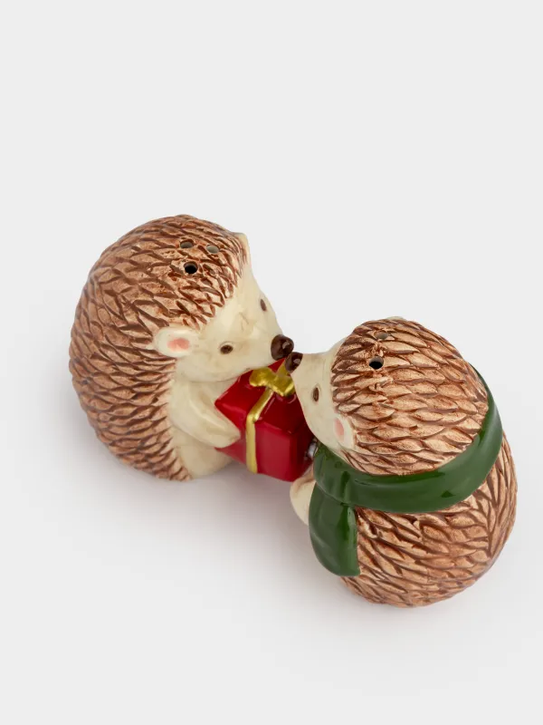 Набор для соли и перца, 8 см, с магнитом, керамика D, Ежи с подарком, Hedgehog christmas, image-1