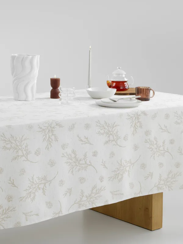 Скатерть, 170х250 см, жаккард, полиэстер, бежевая, Ветви и шишки, Conifer branches, image-6