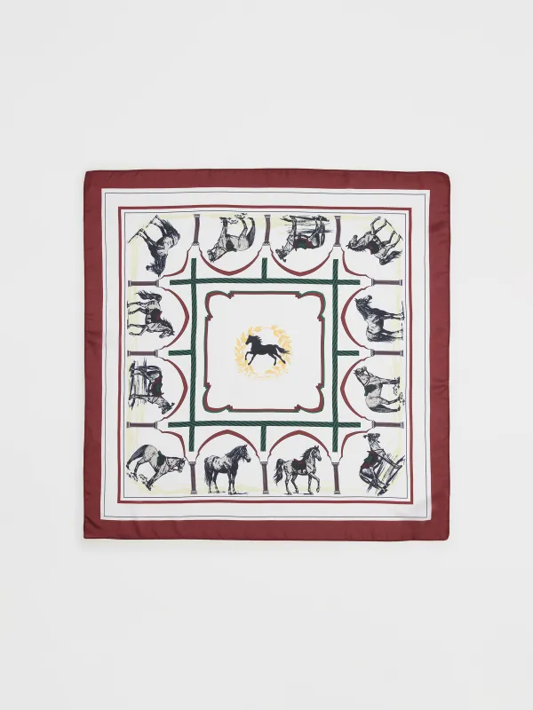 Платок женский, 70х70 см, полиэстер, бело-красный, Лошади, Kerchief, image-0