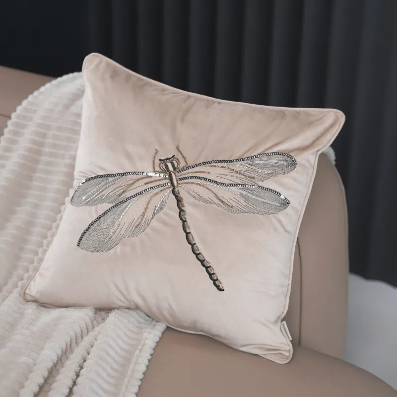 Подушка декоративная, 45х45 см, вельвет/бисер, бежевая, Стрекоза, Dragonfly