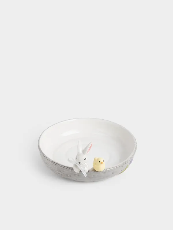 Блюдо глубокое, 26х6 см, керамика D, молочно-серое, Кролик и цыпленок в корзине, Easter, image-1