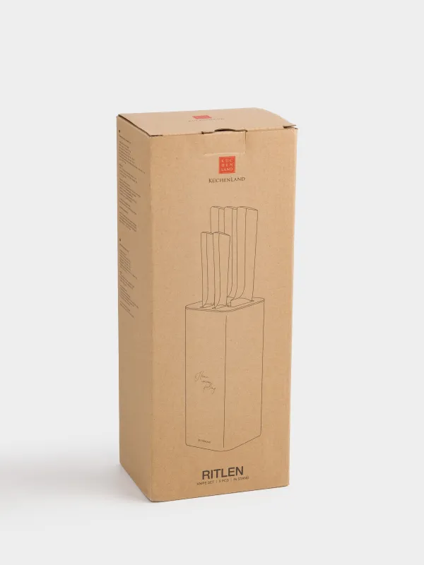 Набор ножей, 5 пр, в подставке, сталь/пластик, золотистый/молочный, Ritlen, image-6