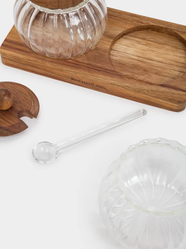 Вазочка для джема, 19x10 см, 2 шт, с ложкой, на подставке, стекло/дерево, Noble tree, image-4