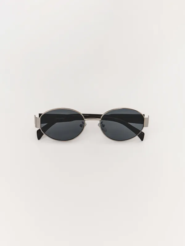 Очки солнцезащитные, металл/пластик, с футляром для очков, овальные, серебристо-серые, Round, image-0