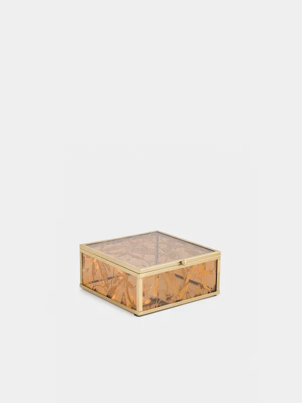 Шкатулка для украшений, 15х16 см, стекло/металл, золотистая, Листья, Collection, image-4