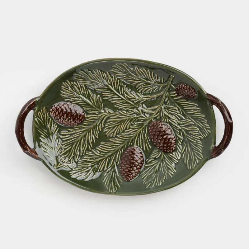 Блюдо, 29х19х5 см, с ручками, керамика, зеленое, Шишки на еловых ветках, Forest whispers