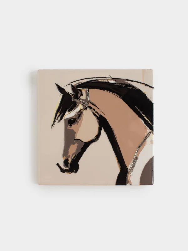 Подставка под кружку, 11х11 см, квадратная, керамика/пробка, бежевая, Конь, Horse art, image-0