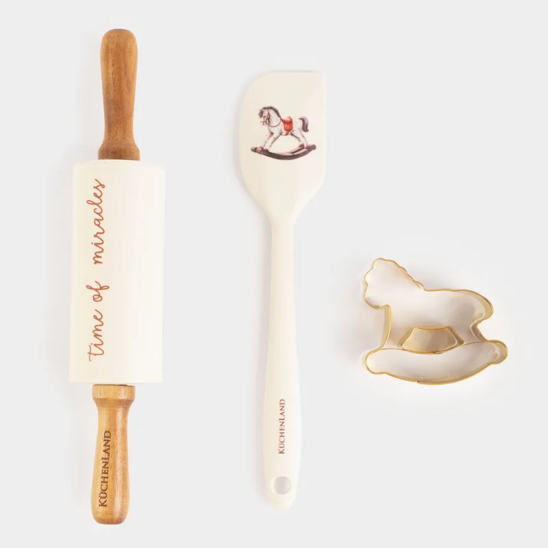 Набор для выпечки, 3 пр, скалка/лопатка/форма, силикон/дерево/сталь, Лошадка, Bakery gold
