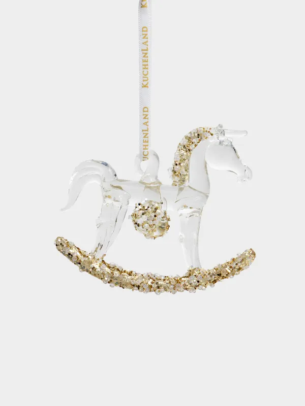 Игрушка елочная, 8х8 см, стекло, с блестками, шампань, Лошадка-качалка, Figure sparkle, image-0