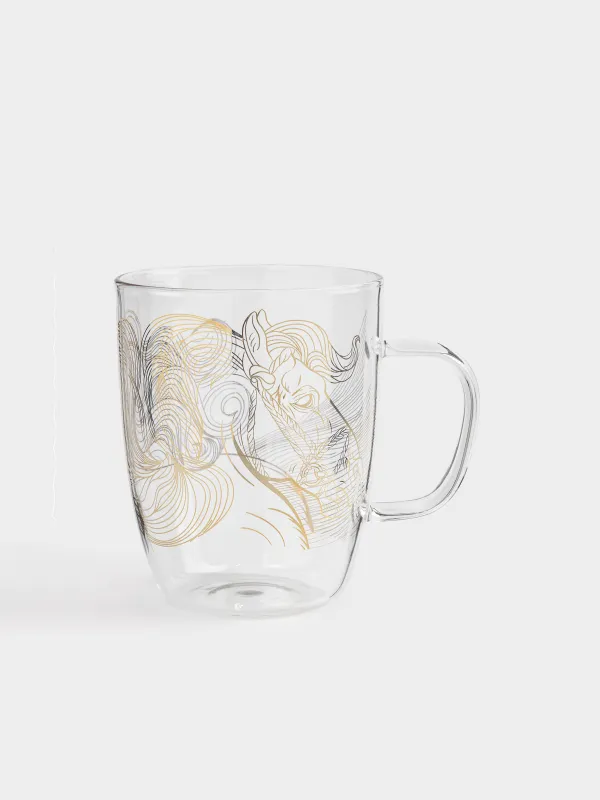 Кружка, 580 мл, стекло Б, золотистая, Лошади, Horse gold, image-0