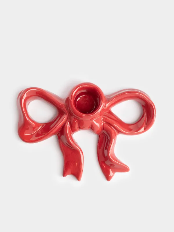 Подсвечник, 13 см, для тонкой свечи, керамика, бордовый, Бант, Christmas traditions, image-0