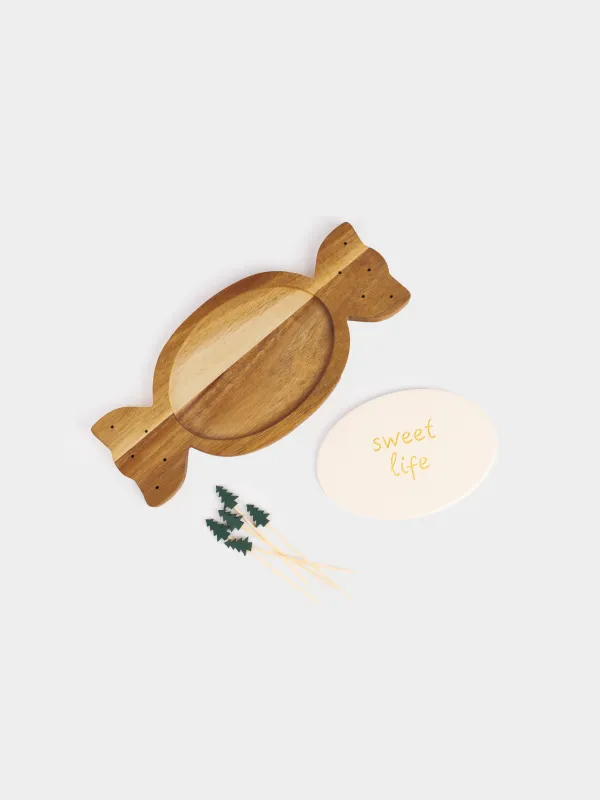 Набор для закусок, 2 пр, на подставке, со шпажками, керамика/дерево, Конфета, Noble tree, image-3