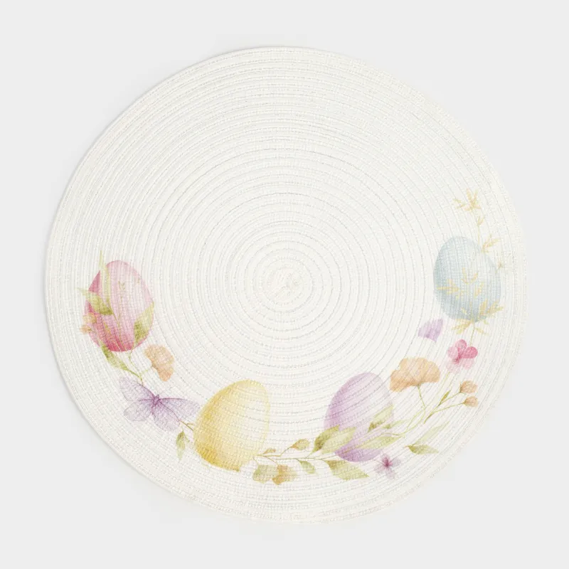 Салфетка под приборы, 38 см, полиэстер, круглая, белая, Пасхальные яйца, Rotary print