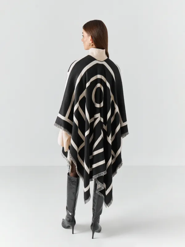 Пончо с бахромой, двустороннее, молочно-черное, Poncho, image-4