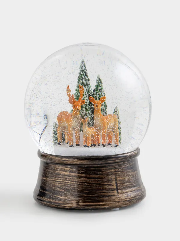 Снежный фонарь, 15 см, с подсветкой, пластик, бронзовый, Олени в лесу, Bronze style, image-1