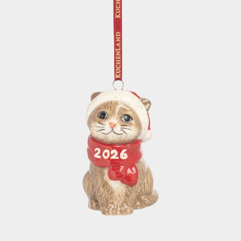 Игрушка елочная, 8 см, керамика D, коричнево-красная, Кот в шарфе, Figure christmas