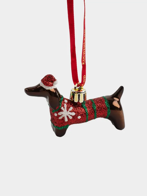 Игрушка елочная, 9х5 см, пластик, коричневая, Такса в новогоднем колпаке, Figure christmas, image-0