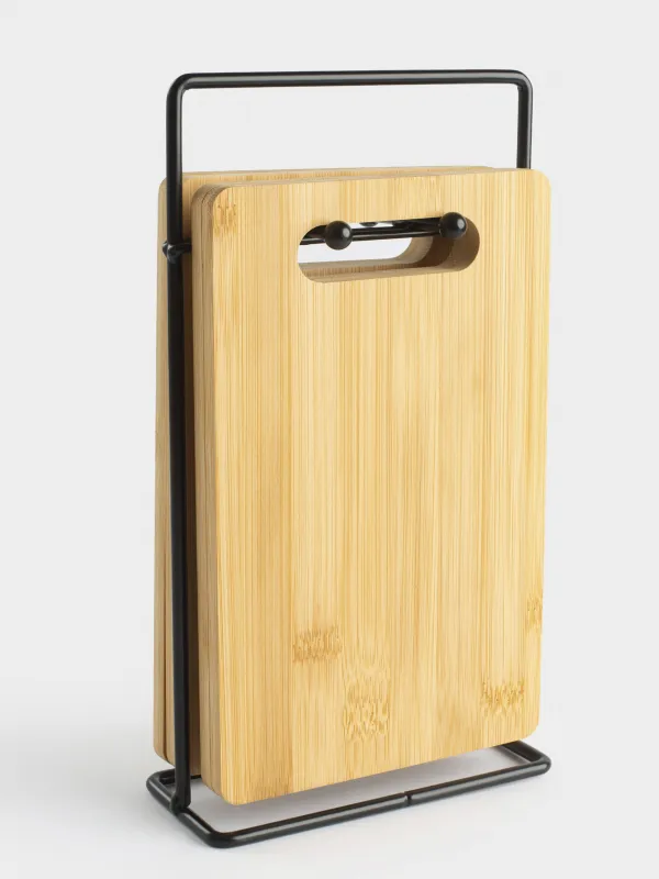 Доска разделочная, 22x14 см, 4 шт, на подставке, бамбук/сталь, прямоугольная, Bamboo, image-0