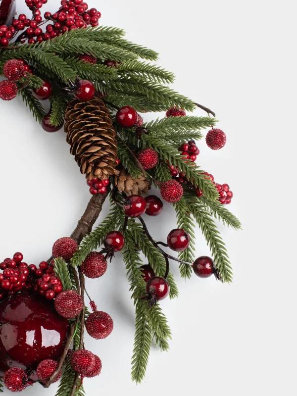 Венок декоративный, 10/41 см, пенопласт/пластик, Красные ягоды и шишки, Red berry, image-1