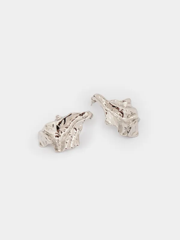 Серьги-пусеты, 5 см, 2 шт, металл, серебристые, Мятый эффект, Jewelry, image-2