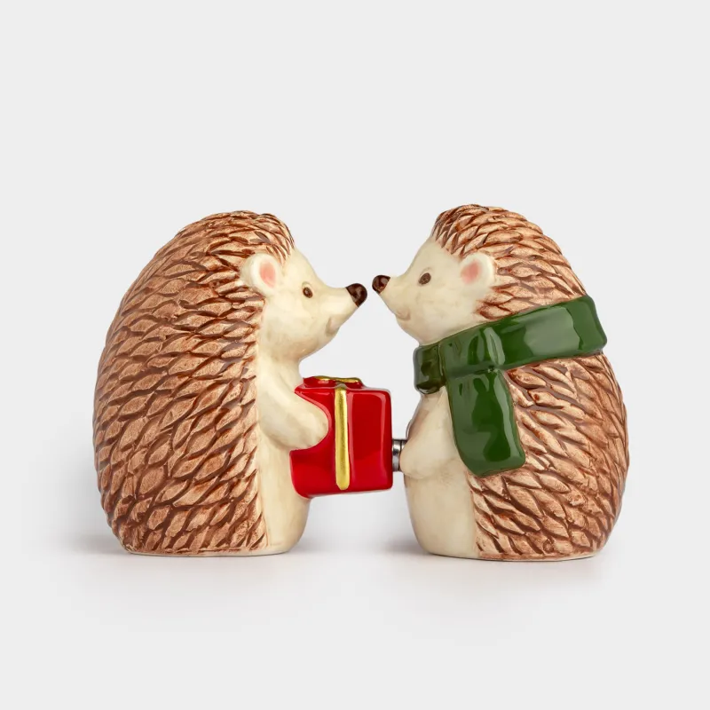 Набор для соли и перца, 8 см, с магнитом, керамика, Ежи с подарком, Hedgehog christmas