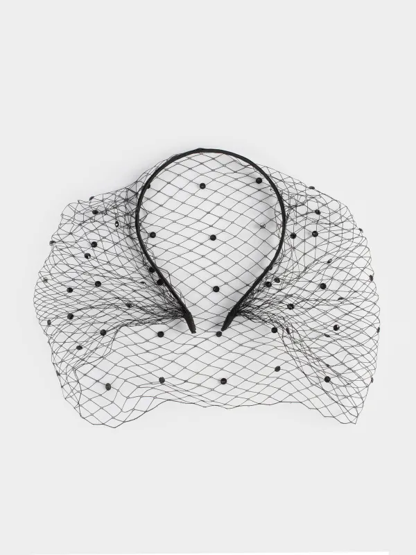 Ободок карнавальный, 14х15 см, металл/полиэстер, черный, Вуаль со стразами, Hairstyle, image-0