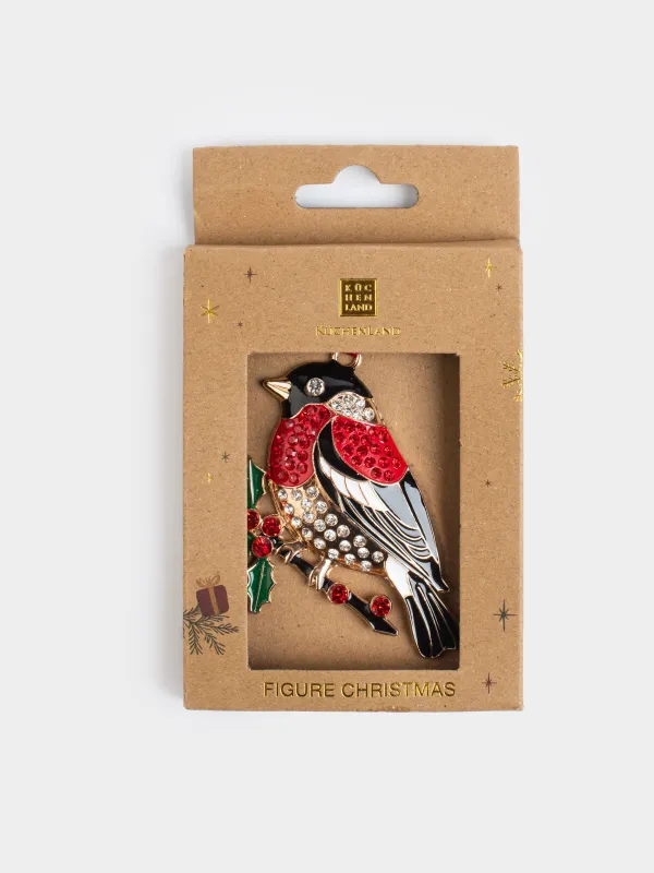 Игрушка елочная, 8 см, металл/стразы, зелено-красная, Снегирь на ветке, Figure christmas, image-3