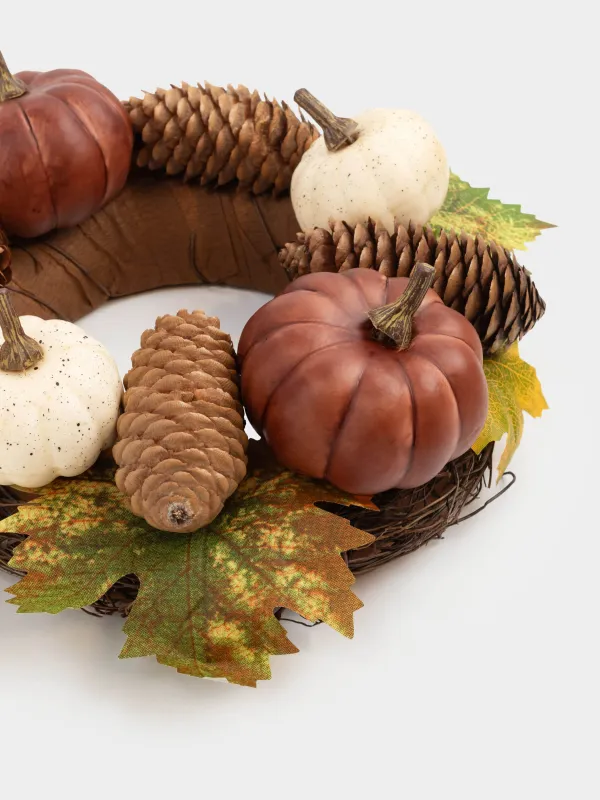 Венок декоративный, 10/21 см, пенопласт/полиэстер, Тыквы с шишками и листьями, Autumn fusion, image-3