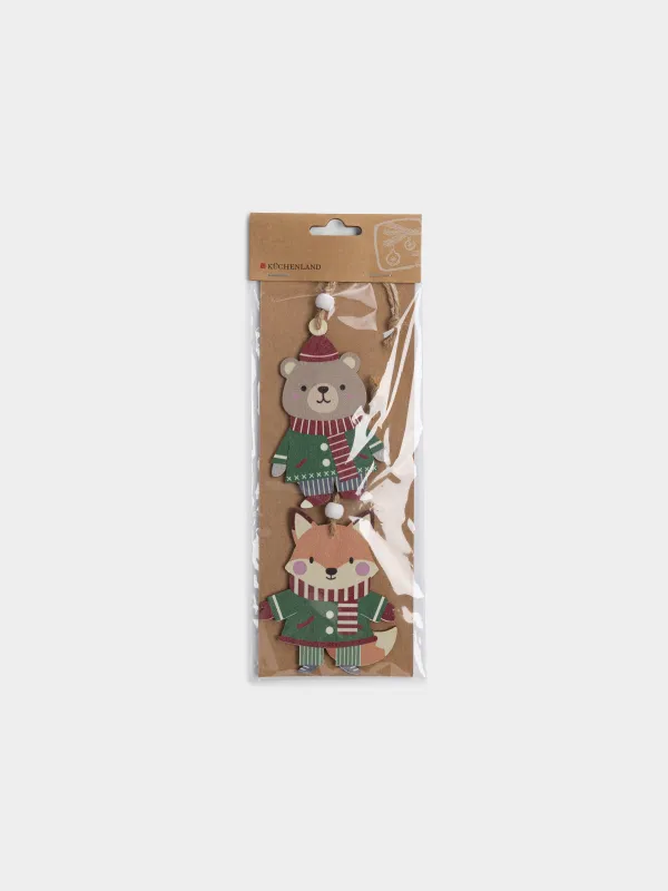 Набор елочных игрушек, 11 см, 2 шт, Лиса/Медведь, Figure wood, image-3