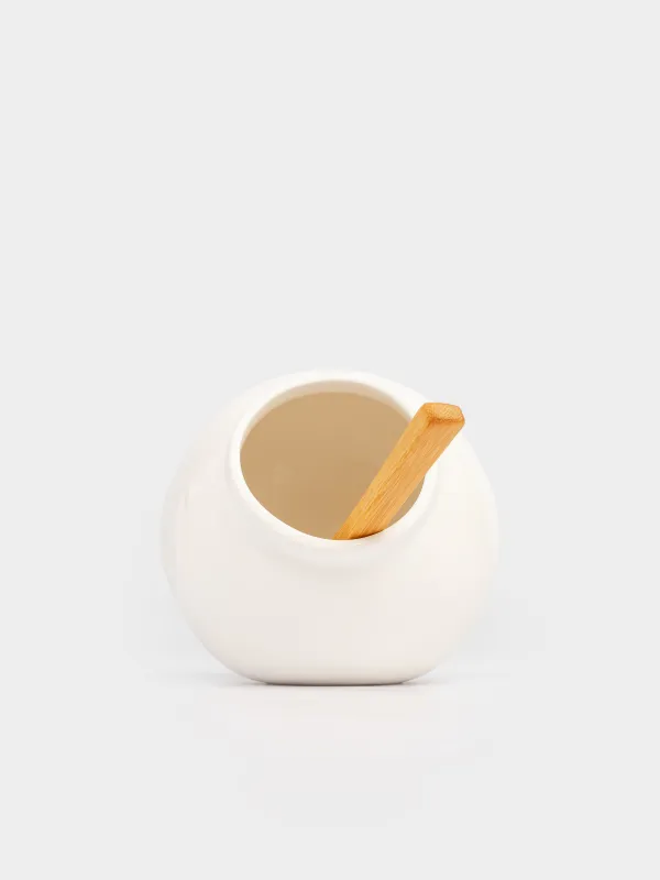 Емкость для соли, 11 см, с ложкой, фарфор P/дерево, белая, Grace, image-0